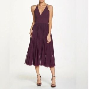 Dress The Population Alicia Chiffon Lace-Hem Midi Dress (Purple, Size L)